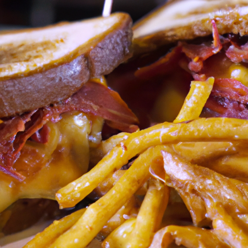 a delicious mouth watering ruben sandwich and cheezy fries