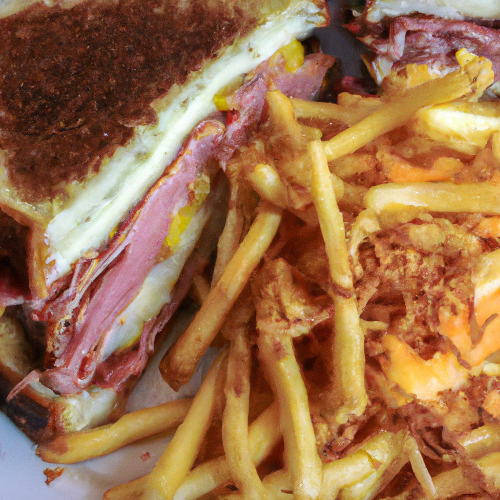 A big mouth watering reuben sandwich and cheezy fries