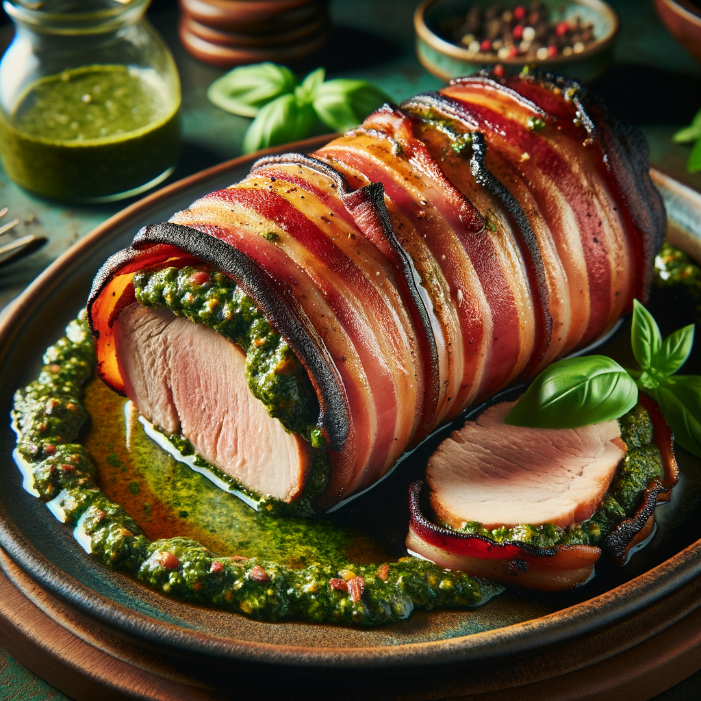 A freshly baked Bacon-Wrapped Pesto Pork Tenderloin on a serving tray, garnished with fresh herbs, showcasing the golden-brown bacon crust and vibrant green pesto