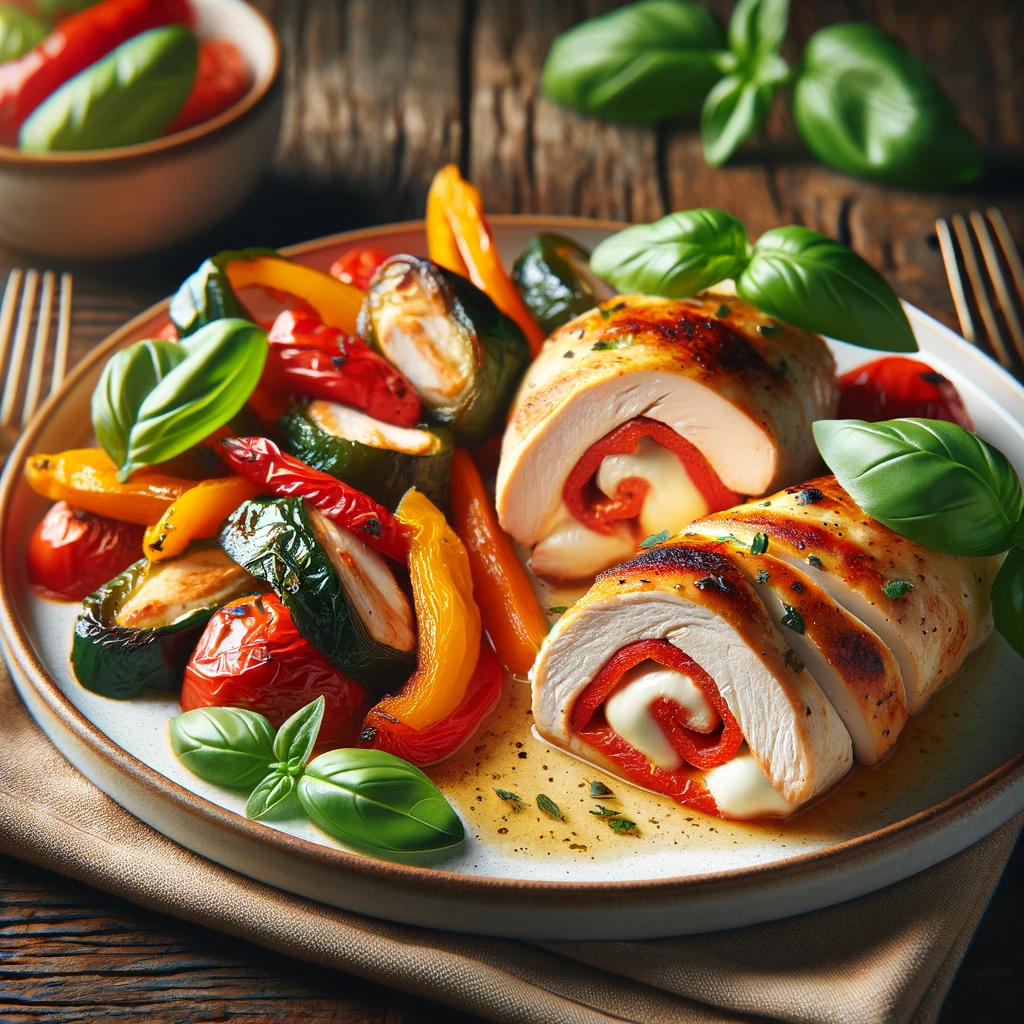 A gourmet presentation of Chicken and Roasted Red Pepper Roll-Ups on a white plate, garnished with fresh basil leaves. The roll-ups are neatly sliced to showcase the stuffed interior with melted mozzarella and red pepper, accompanied by a side of lightly seasoned roasted vegetables. The dish is set on a rustic wooden table, creating a warm and inviting dining atmosphere.