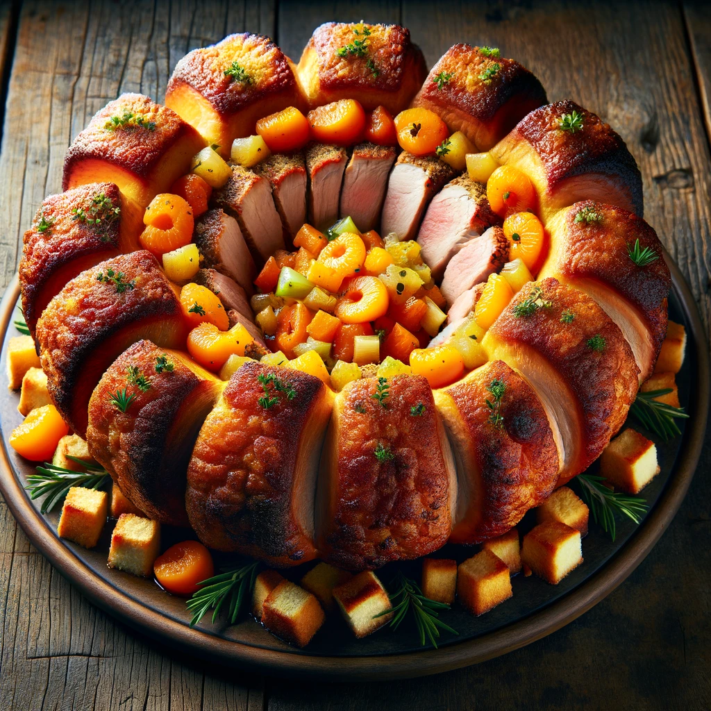 Image of a Crown Roast of Pork arranged in a circular shape with a golden-brown, crispy exterior. The center is filled with a colorful apricot dressing containing chunks of apricots, bread cubes, onion, and celery. The roast is garnished with fresh green herbs like rosemary and thyme, presented on a rustic wooden table, emphasizing its elegant and regal appearance.