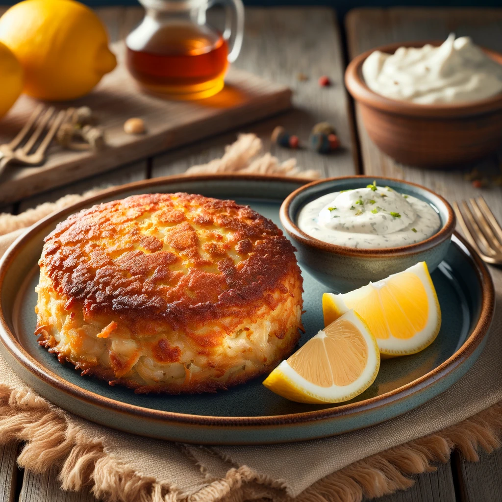 A beautifully plated traditional crab cake, golden-brown, served with lemon wedges and a side of tartar sauce. The background shows a rustic wooden table, symbolizing a homely, Northeast American kitchen setting.