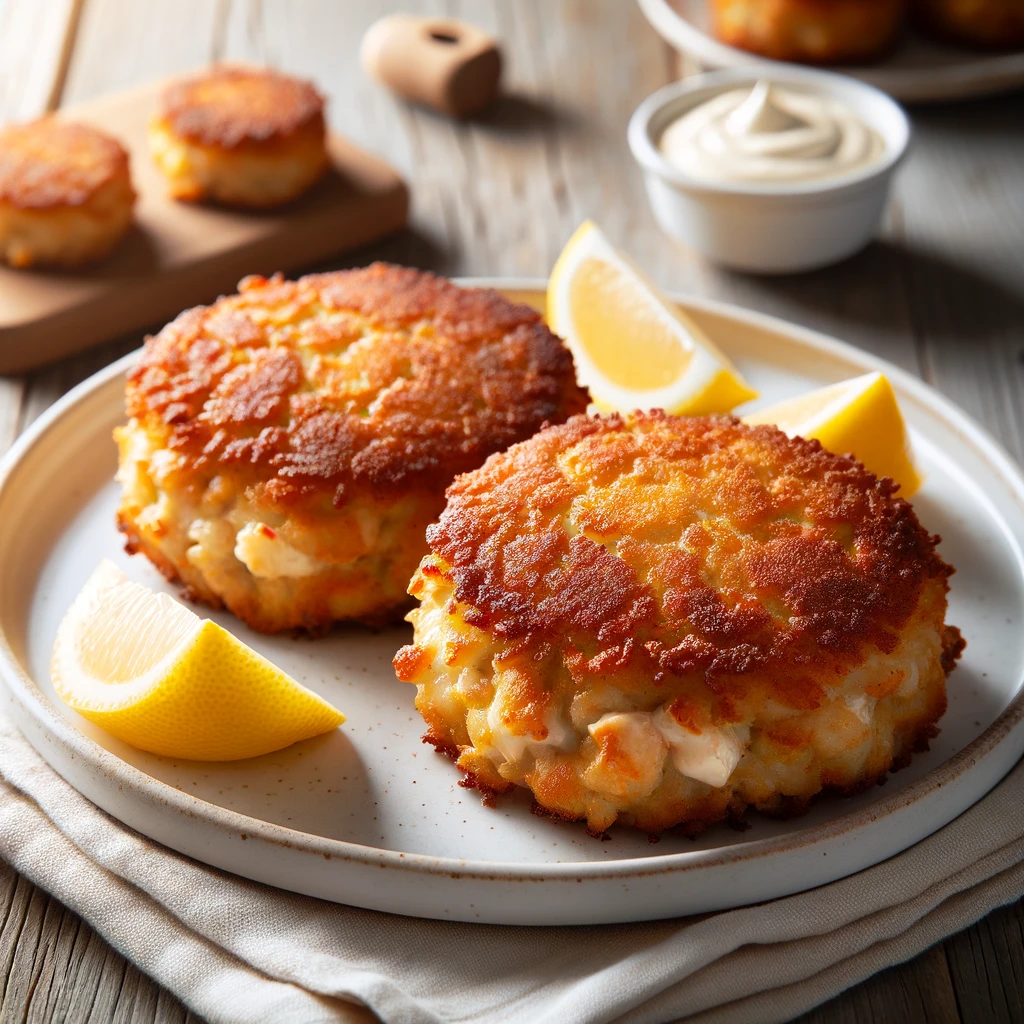 A beautifully plated traditional crab cake, golden-brown, served with lemon wedges and a side of tartar sauce. The background shows a rustic wooden table, symbolizing a homely, Northeast American kitchen setting.