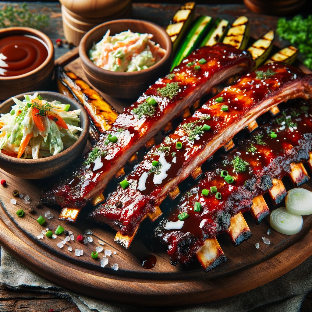 This image showcases a succulent serving of BBQ ribs coated in a glossy sweet glaze, presented on a rustic wooden platter. The ribs glisten with the caramelized glaze, highlighting their tender and juicy texture. Accompanying the ribs are sides of coleslaw and grilled vegetables, adding a fresh and colorful contrast. The entire dish is garnished with fresh herbs, enhancing its visual appeal and suggesting a fusion of flavors. The setting emphasizes a homely and appetizing meal, perfect for a BBQ feast.