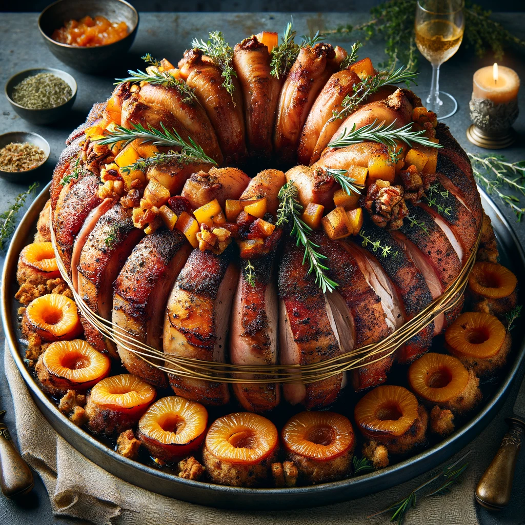 Image of a Crown Roast of Pork arranged in a circular shape with a golden-brown, crispy exterior. The center is filled with a colorful apricot dressing containing chunks of apricots, bread cubes, onion, and celery. The roast is garnished with fresh green herbs like rosemary and thyme, presented on a rustic wooden table, emphasizing its elegant and regal appearance.