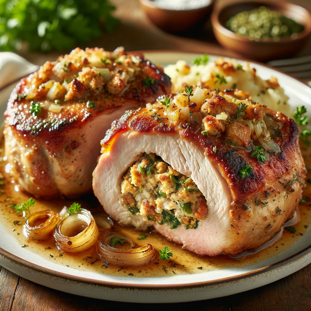 Image of golden-brown stuffed pork chops on a white ceramic plate, garnished with fresh parsley. The pork chops have a visible pocket of stuffing made with breadcrumbs, onions, celery, and herbs. The background is a rustic wooden table with a checkered cloth, a small bowl of stuffing mix, and a meat thermometer.