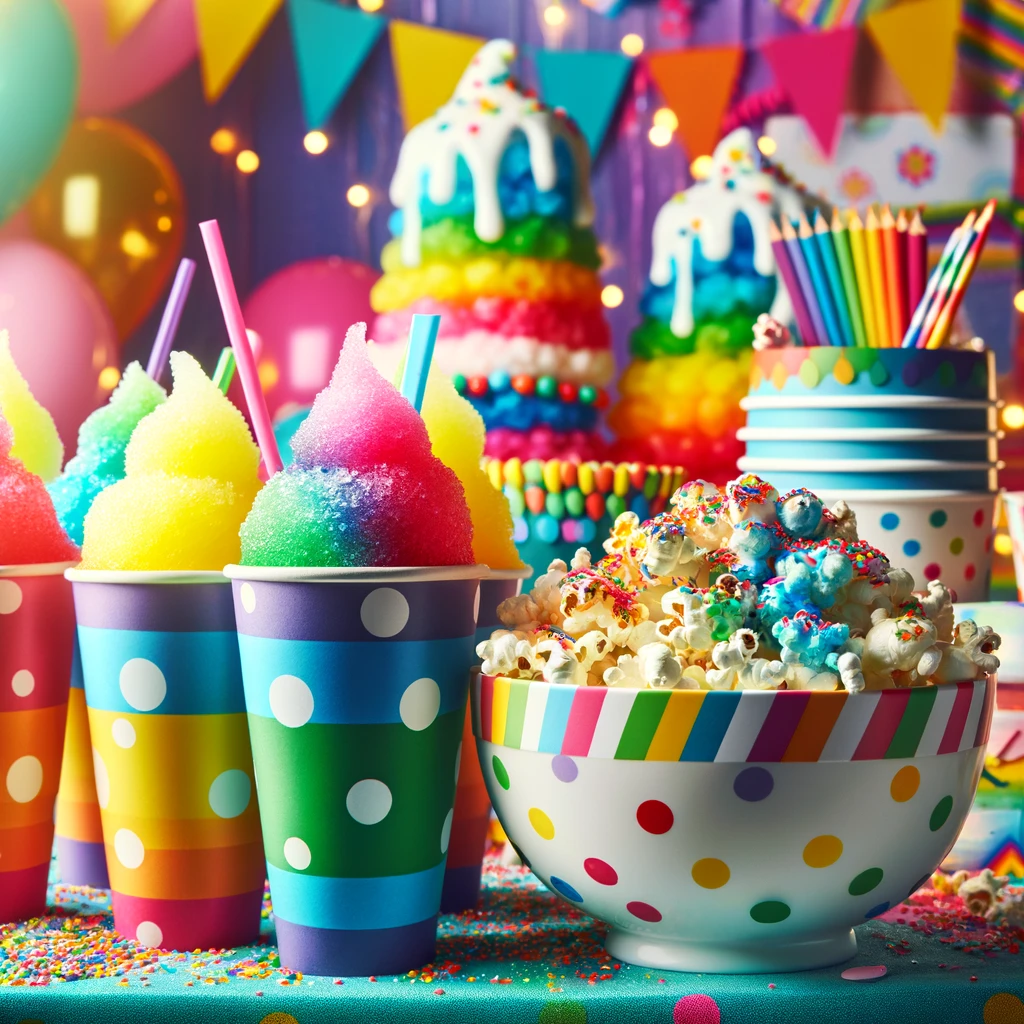 A festive party scene with a table displaying homemade snow cones in colorful cups filled with vibrant syrups, alongside a bowl of popcorn coated in rainbow-colored melted white chocolate and sprinkles. The background is adorned with cheerful party decorations, creating an atmosphere of joy and celebration, perfect for a fun and vibrant party.
