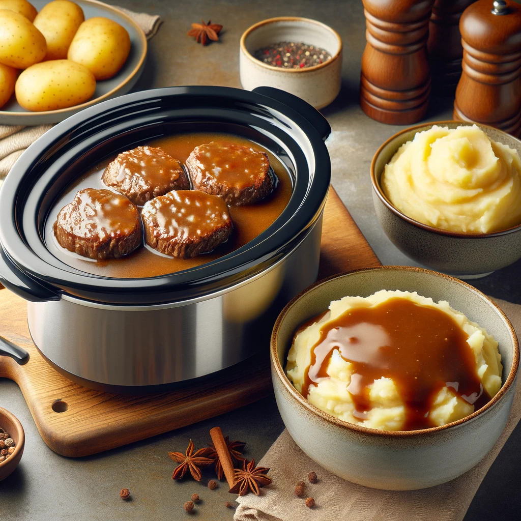 A cozy kitchen setting with a slow cooker containing Salisbury steak in a rich gravy, alongside a bowl of creamy mashed potatoes. The image conveys a homely and appetizing atmosphere, ideal for a blog post about comfort food recipes.