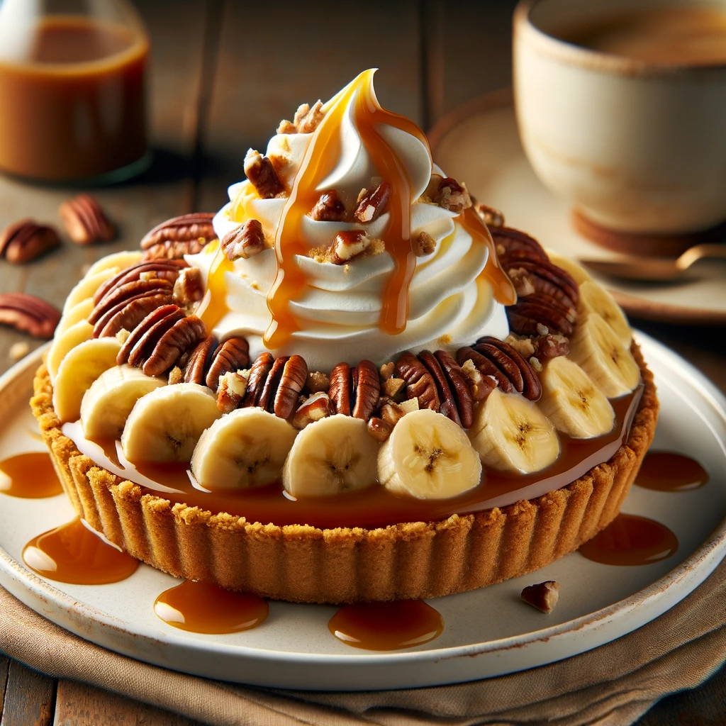 An image of a no-bake banana caramel pecan pie on a white plate, with a golden brown graham cracker crust, a layer of caramel topped with banana slices, a layer of fluffy whipped cream, garnished with chopped pecans and a drizzle of caramel sauce, set on a rustic wooden table with a cup of coffee in the background
