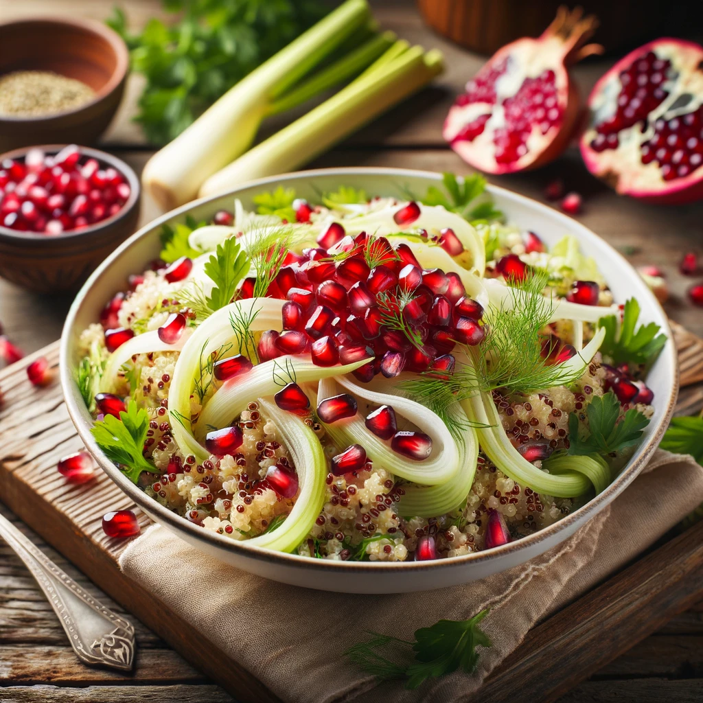 A vibrant and colorful image of Quinoa, Fennel, and Pomegranate Salad served in a white bowl. The salad features fluffy quinoa mixed with thin slices of fennel and bright red pomegranate seeds, drizzled with a light, lemony dressing. The background is a rustic wooden table with a small bowl of pomegranate seeds and a bunch of fresh parsley, creating an inviting and wholesome scene.