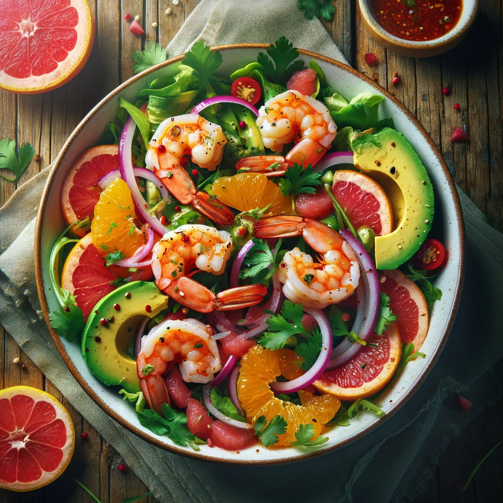 A colorful and vibrant image of a Spicy Shrimp and Citrus Salad, featuring pink seared shrimp atop a bed of mixed greens, with bright slices of orange and grapefruit, avocado slices, and a sprinkle of red onion and cilantro, all drizzled with a spicy citrus dressing.