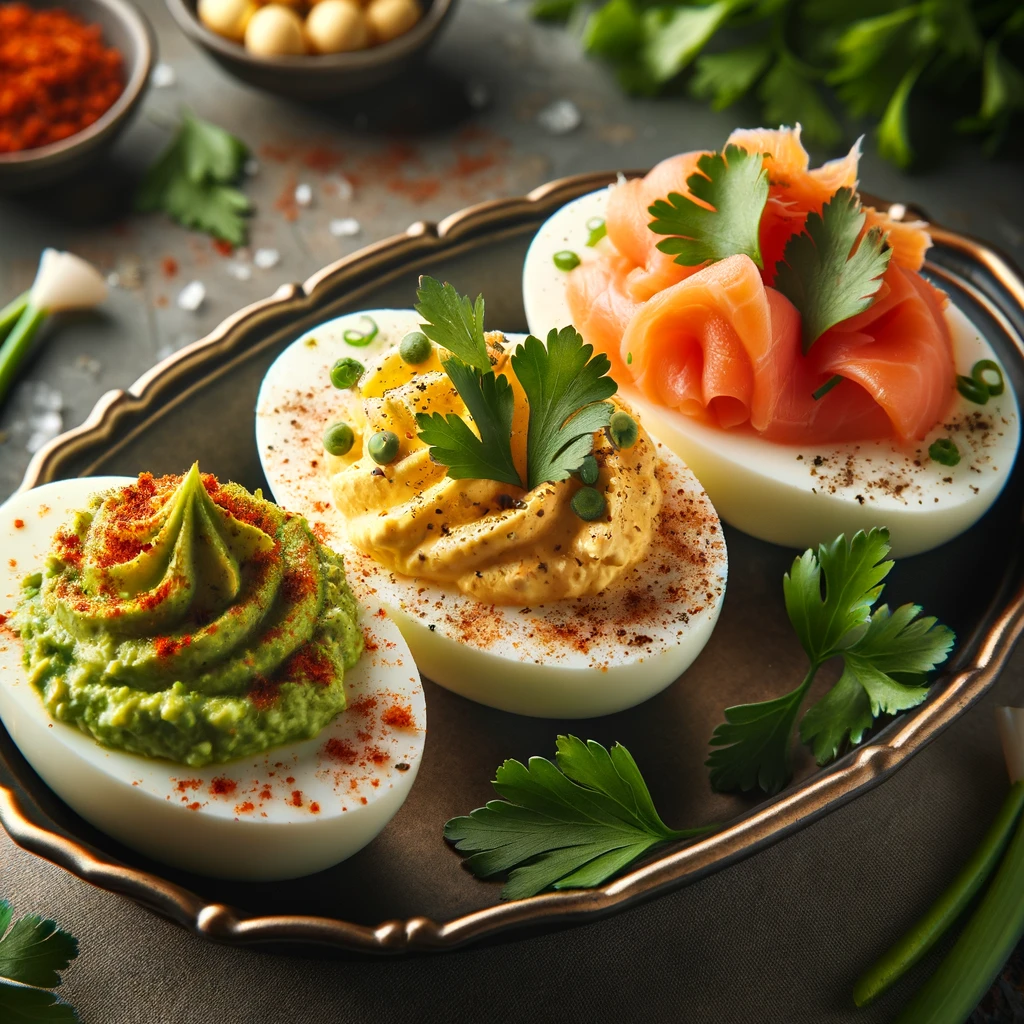 Classic Deviled Eggs: A platter of classic deviled eggs, garnished with paprika and fresh parsley, set on a rustic wooden table. Avocado Deviled Eggs: Avocado deviled eggs arranged on a white plate, sprinkled with chili flakes and garnished with cilantro, against a light background. Smoked Salmon Deviled Eggs: Elegant smoked salmon deviled eggs, topped with small pieces of smoked salmon and chives, presented on a sleek, modern plate.