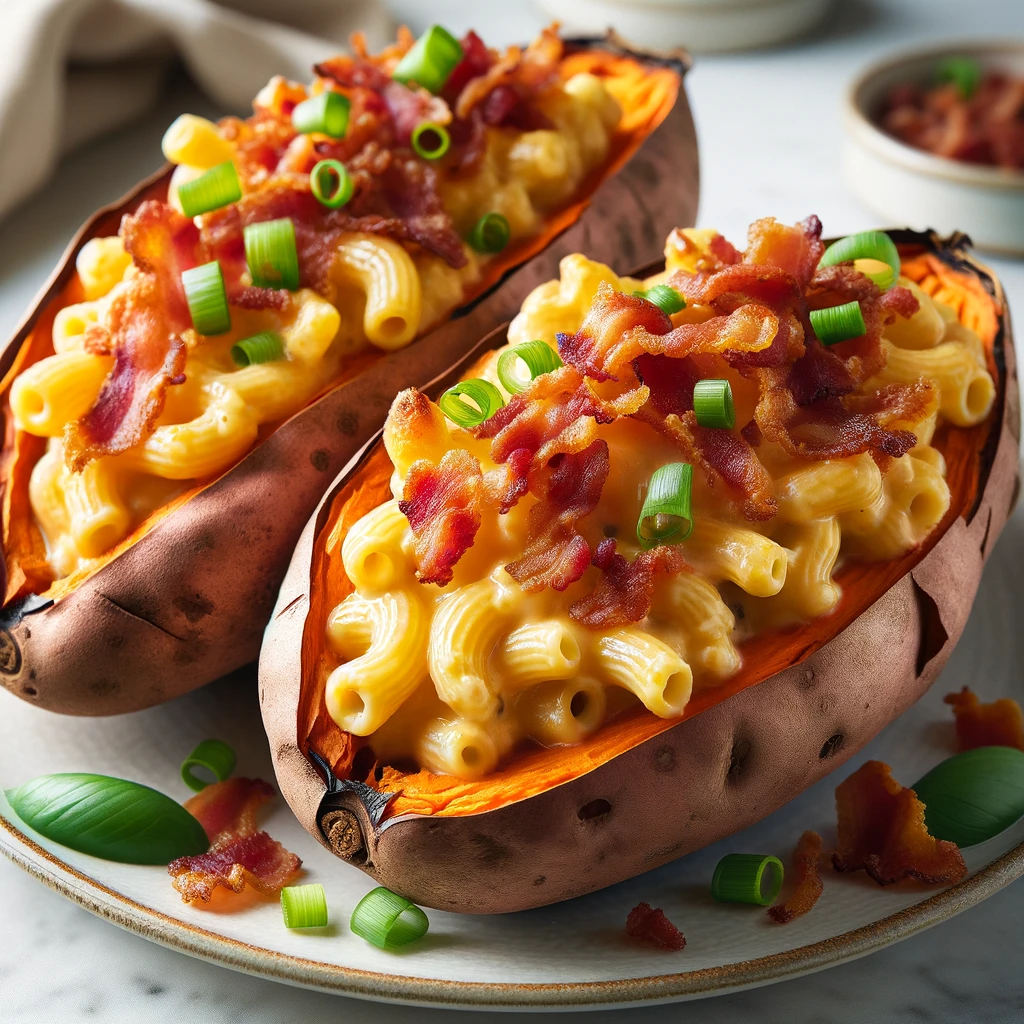 A tantalizing image of Bacon Mac 'n' Cheese Sweet Potato Skins. The image shows half-cut sweet potatoes filled with creamy mac 'n' cheese, topped with crispy bacon bits, and garnished with sliced green onions. The sweet potatoes are baked to perfection, showcasing a golden and bubbly cheese top, placed on a rustic wooden table to enhance their home-cooked appeal.