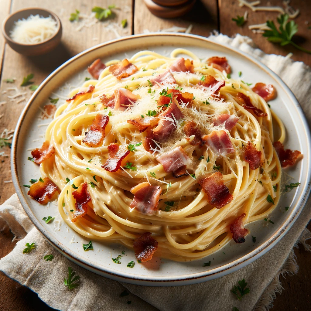 A visually appealing image of a plate of spaghetti carbonara, garnished with Parmesan and parsley, set on a rustic wooden table with a fork and a glass of red wine.