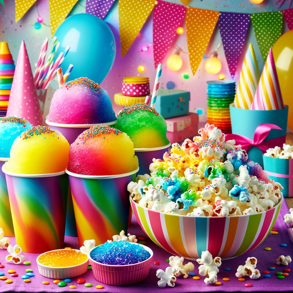 Homemade snow cones with brightly colored syrup and the rainbow-colored popcorn with melted white chocolate and sprinkles, all set in a festive party atmosphere.