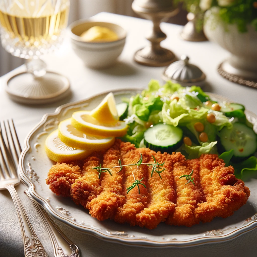 Golden-brown Wiener Schnitzel served with lemon wedges on a white plate, alongside a light green salad, set on a rustic wooden table with a traditional Austrian backdrop.