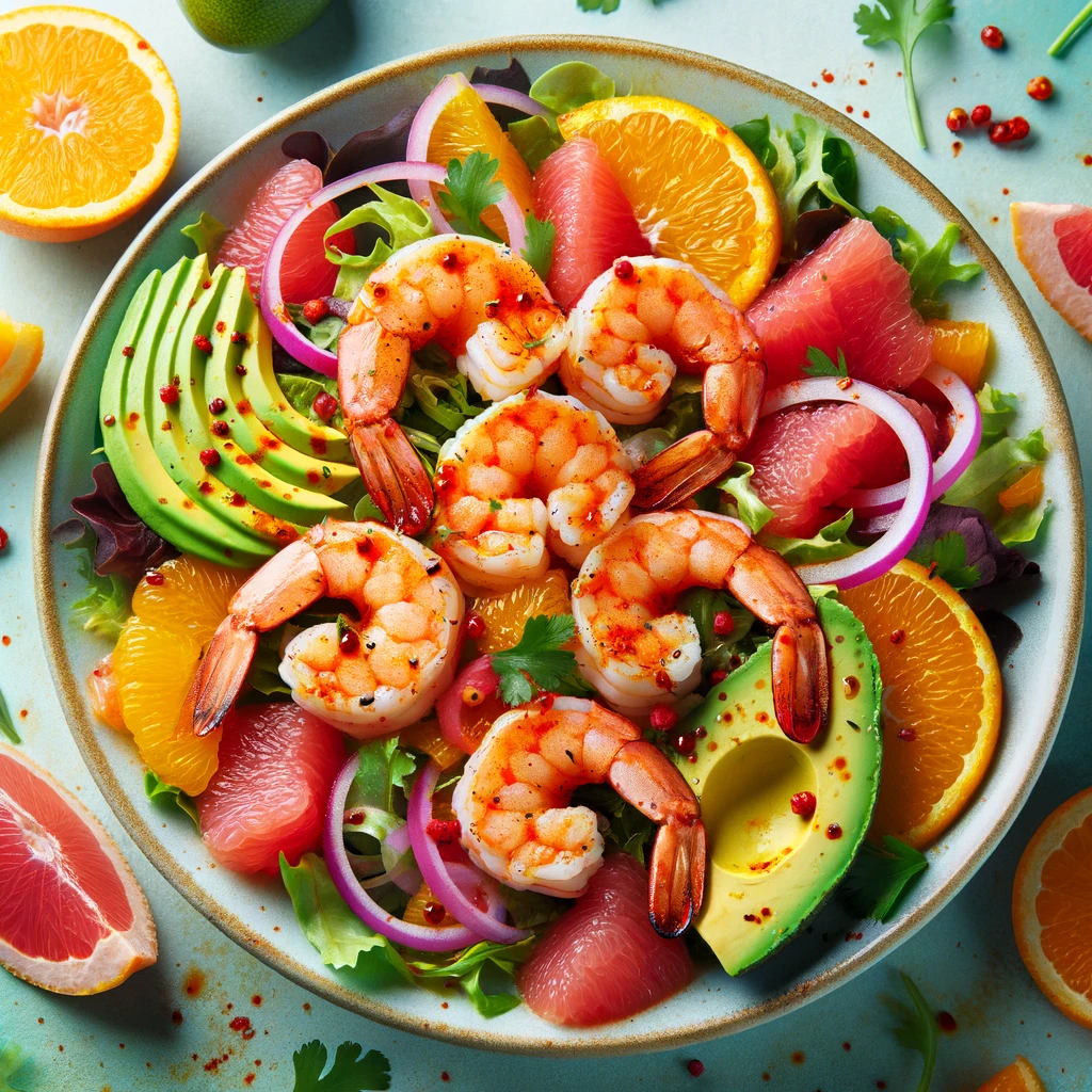 A colorful and vibrant image of a Spicy Shrimp and Citrus Salad, featuring pink seared shrimp atop a bed of mixed greens, with bright slices of orange and grapefruit, avocado slices, and a sprinkle of red onion and cilantro, all drizzled with a spicy citrus dressing.