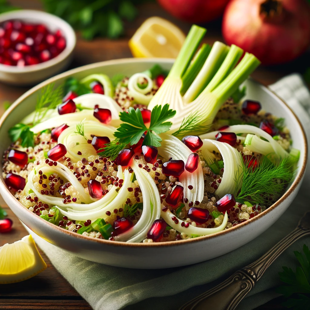 A vibrant and colorful image of Quinoa, Fennel, and Pomegranate Salad served in a white bowl. The salad features fluffy quinoa mixed with thin slices of fennel and bright red pomegranate seeds, drizzled with a light, lemony dressing. The background is a rustic wooden table with a small bowl of pomegranate seeds and a bunch of fresh parsley, creating an inviting and wholesome scene.