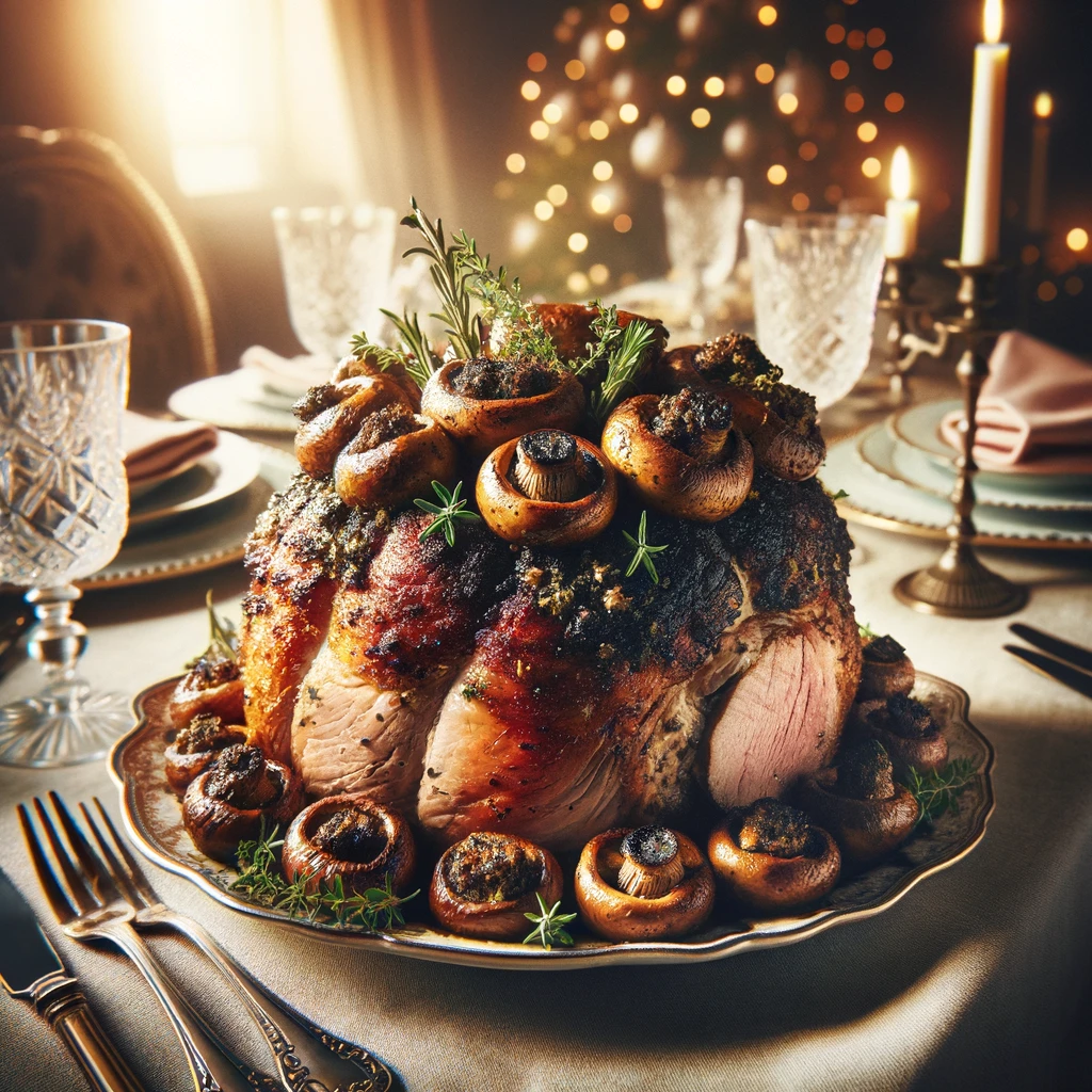 crown roast of pork with mushroom dressing, beautifully garnished and presented on a festive dining table.