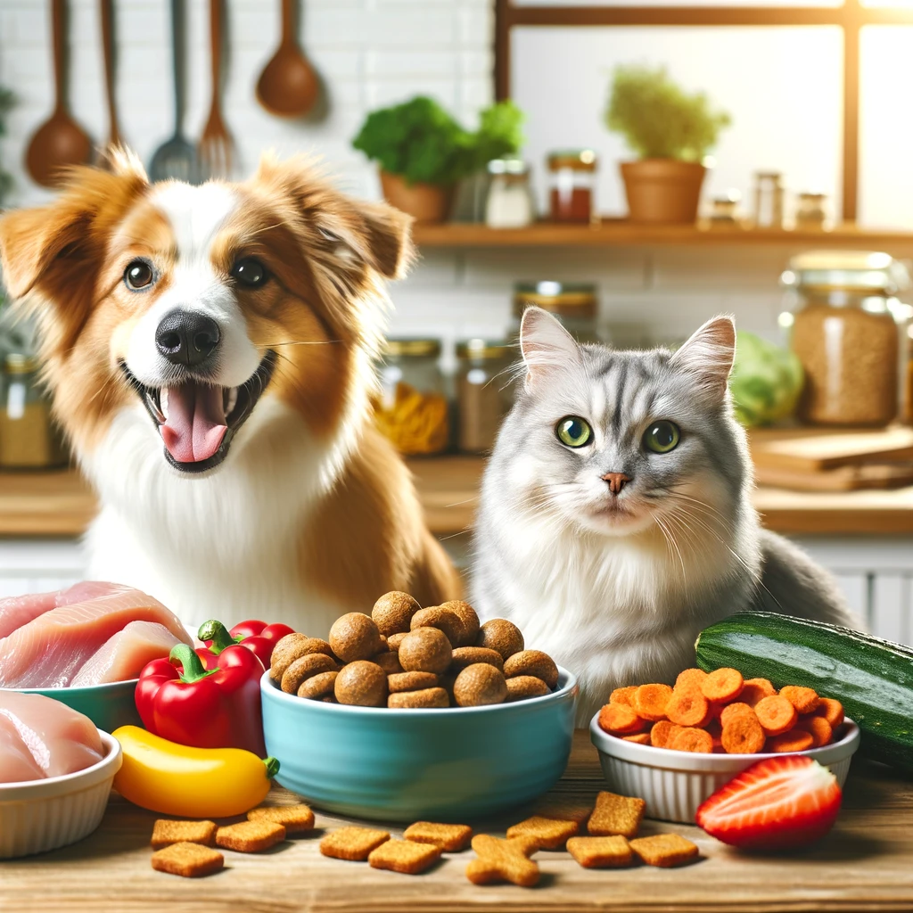 A happy dog and a cat sitting next to a bowl of colorful, healthy homemade treats on a kitchen counter, with ingredients like chicken, fish, and vegetables visible in the background. The scene is bright and cheerful, highlighting the joy of healthy pet treat making.