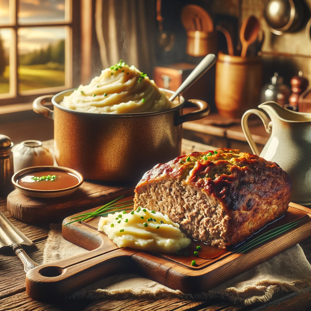 A rustic and inviting kitchen scene sets the stage for a freshly baked meatloaf, resting on a wooden cutting board that exudes warmth and homey charm. Beside it, a pot of creamy mashed potatoes beckons, its top sprinkled with vibrant chives for a pop of color and freshness. Nearby, a homemade gravy jug, brimming with rich, savory gravy, stands ready to enhance the dish with its luscious flavor. The background of this culinary tableau features a warmly lit kitchen, where vintage cooking utensils hint at generations of family meals prepared in this heart of the home. A window opens to a serene garden view, suggesting a connection between the kitchen's bounty and the natural world outside. This image encapsulates the timeless tradition of family dinners, celebrating the simple yet profound joy of sharing a home-cooked meal.