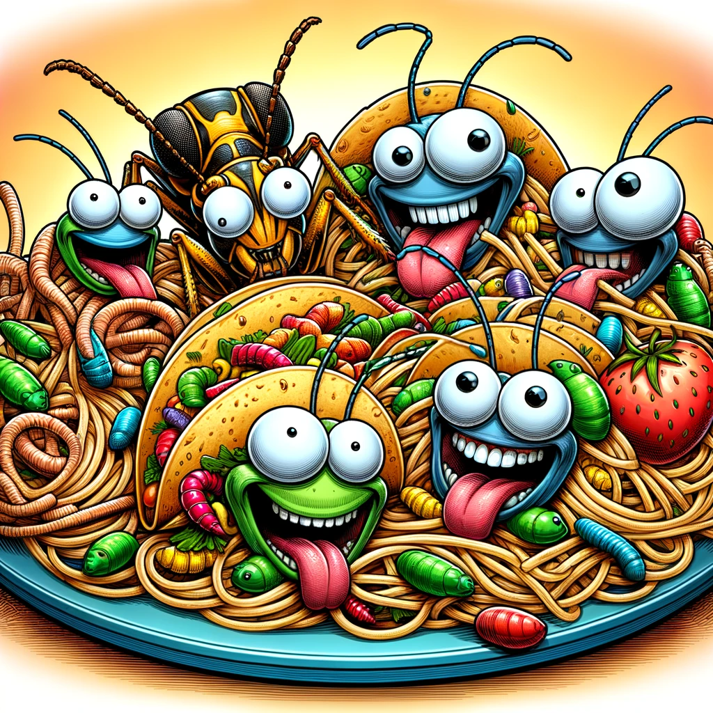 A vibrant plate showcasing the blog's highlighted dishes like Hilarious Hopper Tacos and Wacky Worm Pasta, emphasizing the blend of culinary art with humor.