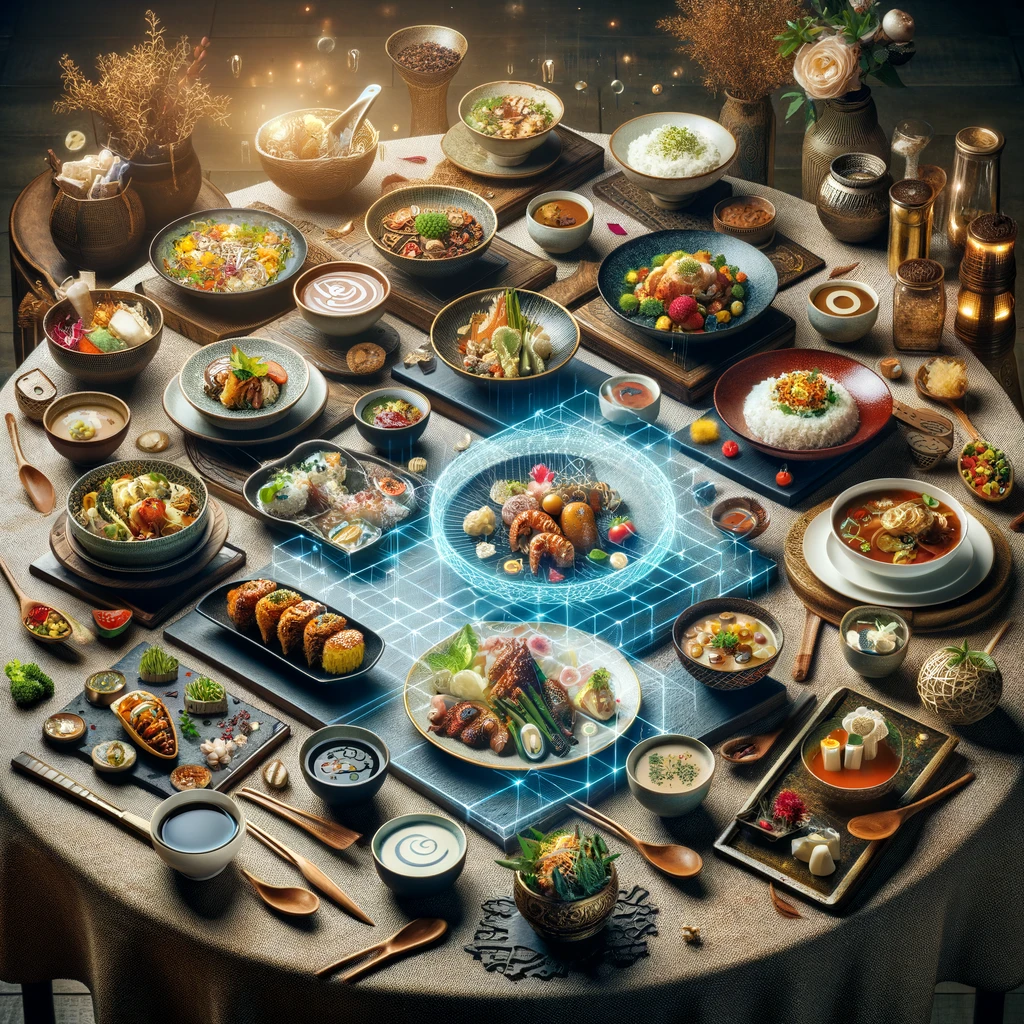 This image captures the essence of Beautiful Food GPT, showcasing a variety of beautifully presented dishes from different ethnic cuisines, artfully arranged to symbolize global culinary diversity. Each dish is visually distinct, demonstrating creativity and elegance in presentation. The setting exudes sophistication and warmth, with subtle decorations that highlight the theme of global cuisine. The lighting accentuates the textures and colors of the dishes, making them look realistic and inviting. A subtle digital grid or holographic display around one of the dishes creatively signifies the blend of technology and culinary art, embodying the innovative spirit of Beautiful Food GPT.