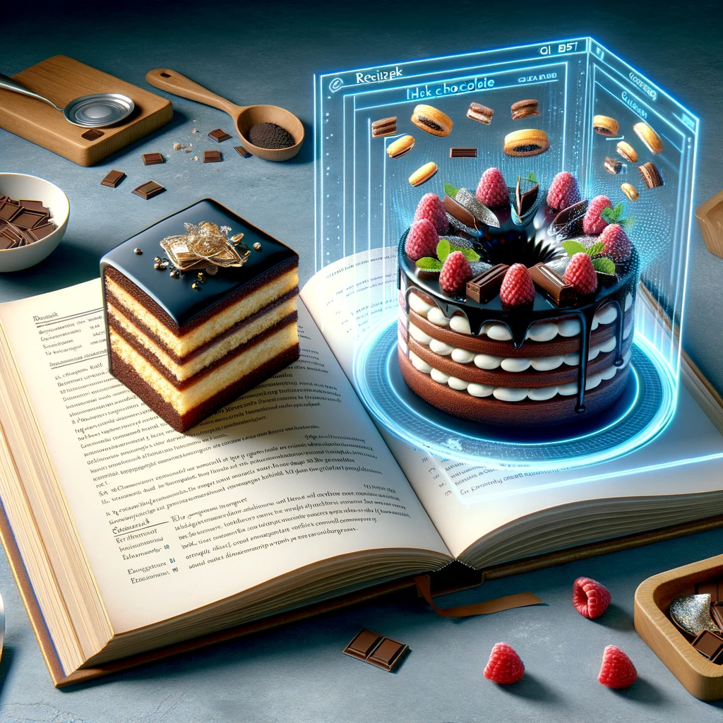 This image perfectly illustrates the transformative capability of Recipe Visualizer GPT, showing the process of turning a picture of a recipe from a cookbook into a visual image of the finished dish. It starts with an open cookbook displaying a decadent chocolate cake recipe, and on the other side, a futuristic, holographic AI interface analyzes the recipe and projects a lifelike, 3D image of the chocolate cake, complete with rich layers, glossy ganache, and elegant gold leaf and raspberry decoration. This visual encapsulates the essence of Recipe Visualizer GPT's ability to bring textual recipes to vivid life.