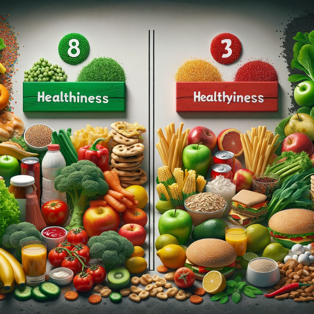  image showing a variety of food items with their healthiness scores. Healthy foods are displayed with high scores on one side, while unhealthy foods with low scores are on the opposite side, emphasizing the nutritional differences and the importance of healthier food choices.