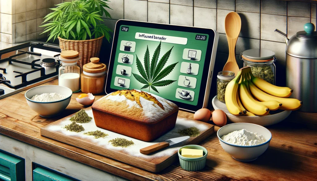 A modern kitchen scene where a digital assistant, symbolizing the 420 Flavor Master GPT, is guiding the preparation of cannabis-infused dishes. The kitchen is vibrant and filled with ingredients like cannabis leaves, Cannabutter, and various foods being prepared, such as banana bread and quinoa salad, showcasing the infusion of cannabis in gourmet cooking. This image should capture the essence of culinary innovation, blending the traditional with the modern, and highlighting the unique twist of cannabis infusion.