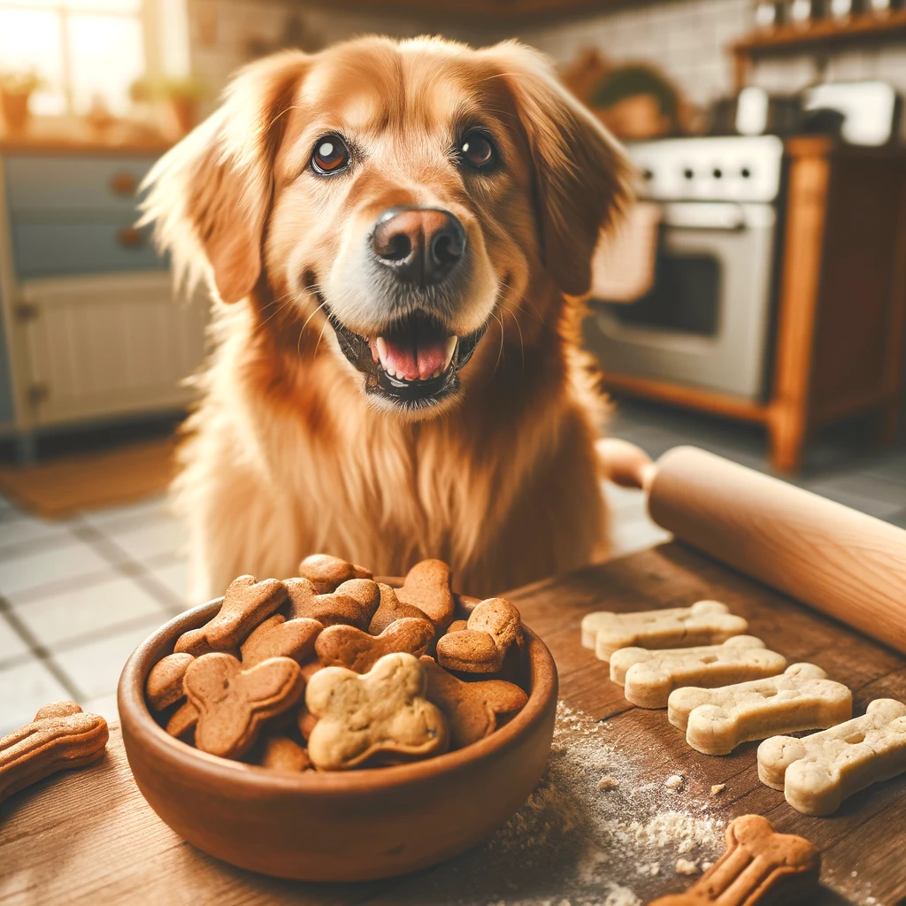 Image of a happy dog sitting next to a bowl filled with homemade dog treats, capturing the heartwarming bond between pets and their owners through the care put into making pet treats. The cozy kitchen setting and the dog's cheerful expression highlight the love and effort that go into creating these healthy treats.