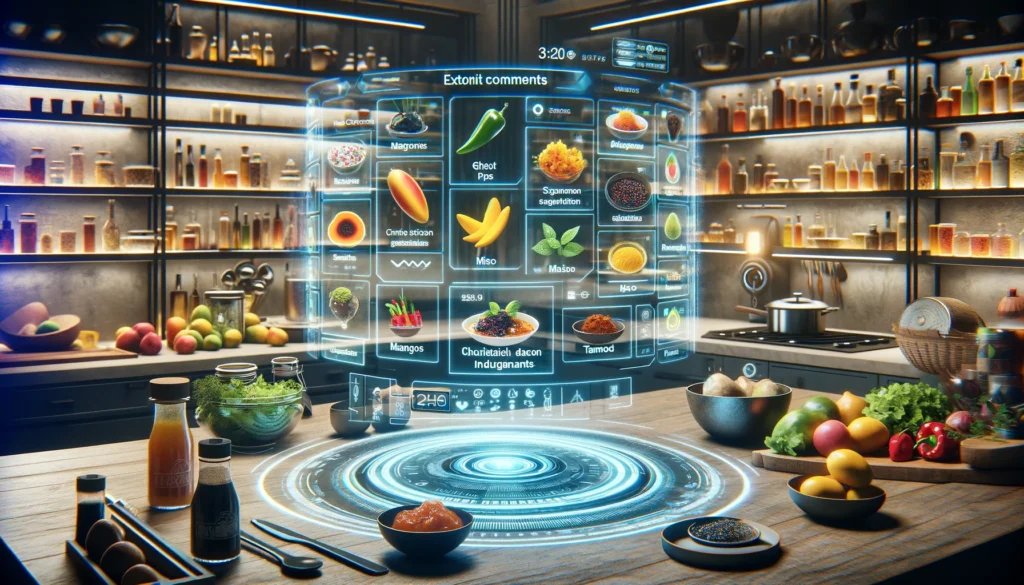 A chef in a modern kitchen experimenting with a diverse array of unique ingredients, guided by a digital AI tool on a tablet, with jars of exotic spices and a vibrant array of fresh produce around