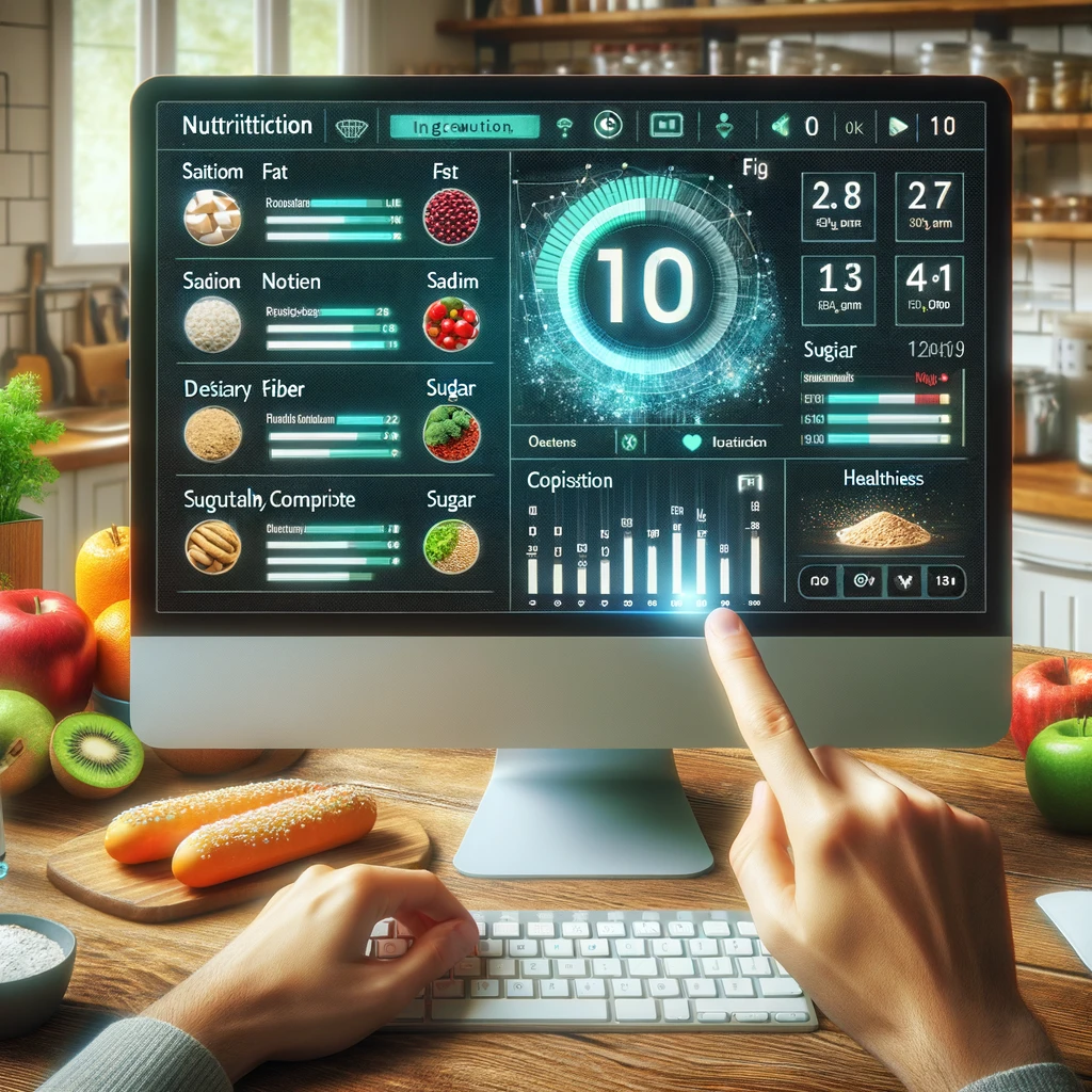 The image above illustrates the concept of Nutrition Detective GPT in action. It shows an AI interface on a computer screen, analyzing the nutritional information and ingredients of a food product. The interface displays metrics such as fat content, sodium levels, dietary fiber, and sugar composition, along with a healthiness rating. The setting is a kitchen, with healthy foods like fruits, vegetables, and whole grains on the countertop, highlighting the practical application of nutritional analysis in making everyday healthy eating decisions. This visual representation conveys how technology can assist in making informed dietary choices in a modern, user-friendly manner.