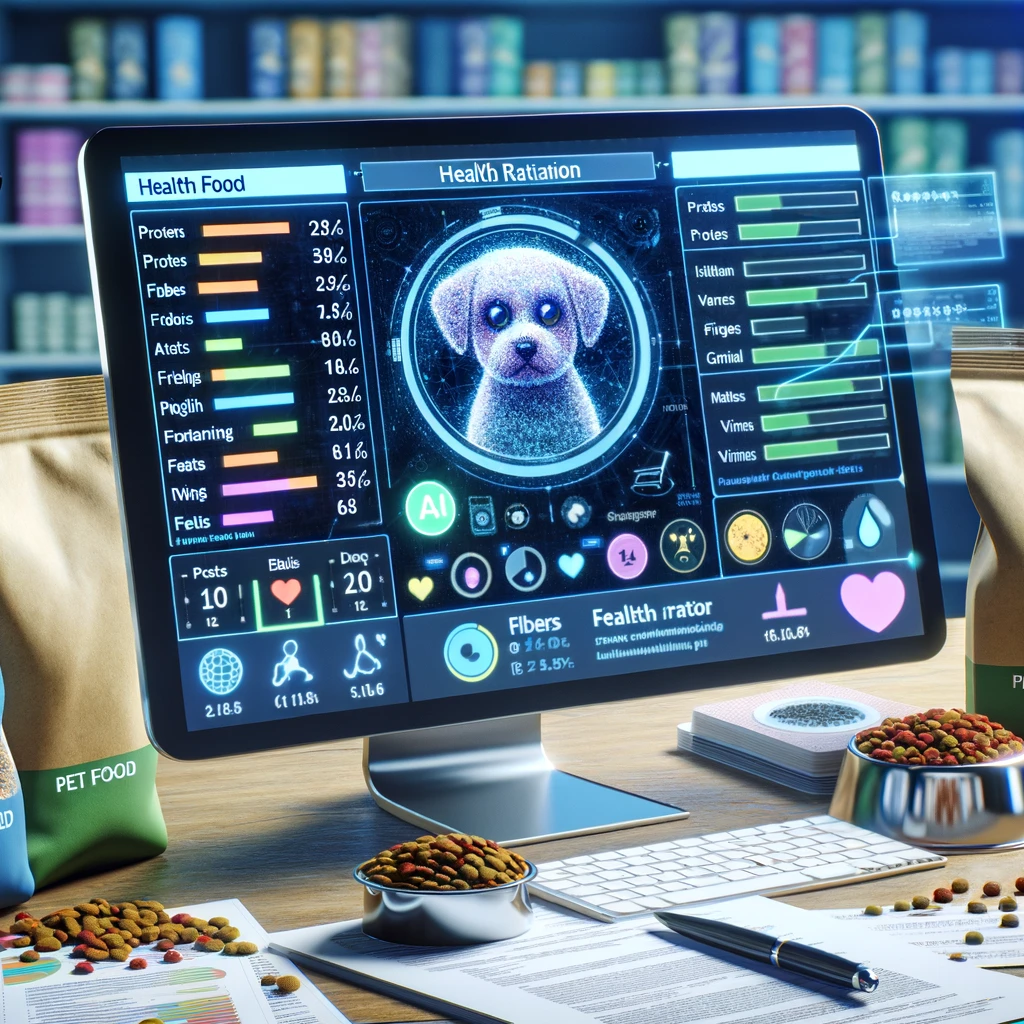 A digital illustration showing a happy dog and cat looking at a computer screen displaying charts and graphs analyzing pet food nutritional content, with the Pet Food Inspector AI logo visible.