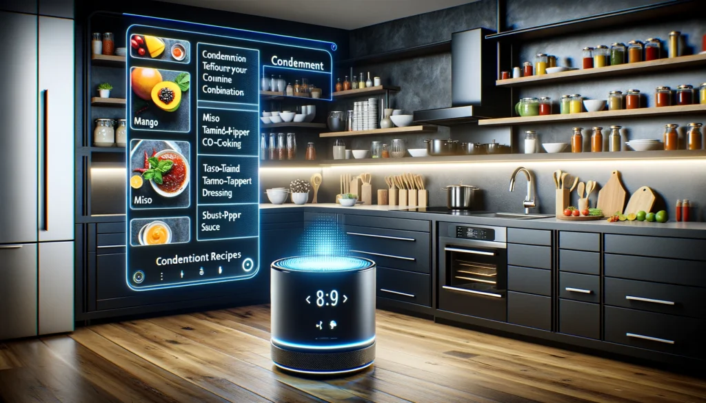 A futuristic kitchen with an AI assistant on a large digital screen showing condiment recipes, surrounded by a variety of spices and herbs, in a clean, modern setting.