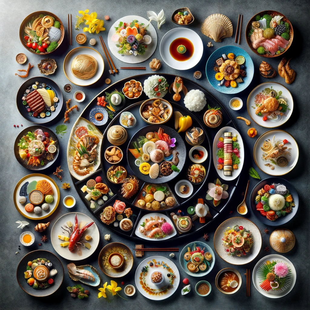 A visually appealing collage of dishes from various ethnic cuisines, each beautifully presented to highlight the aesthetic appeal of culinary art, accompanied by a rating scale and an insight into their cultural significance.