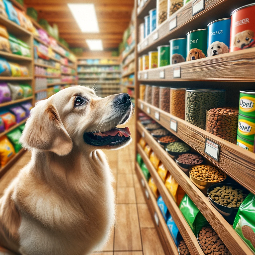 A Golden Retriever dog looking at a selection of canned dog food on a shelf.