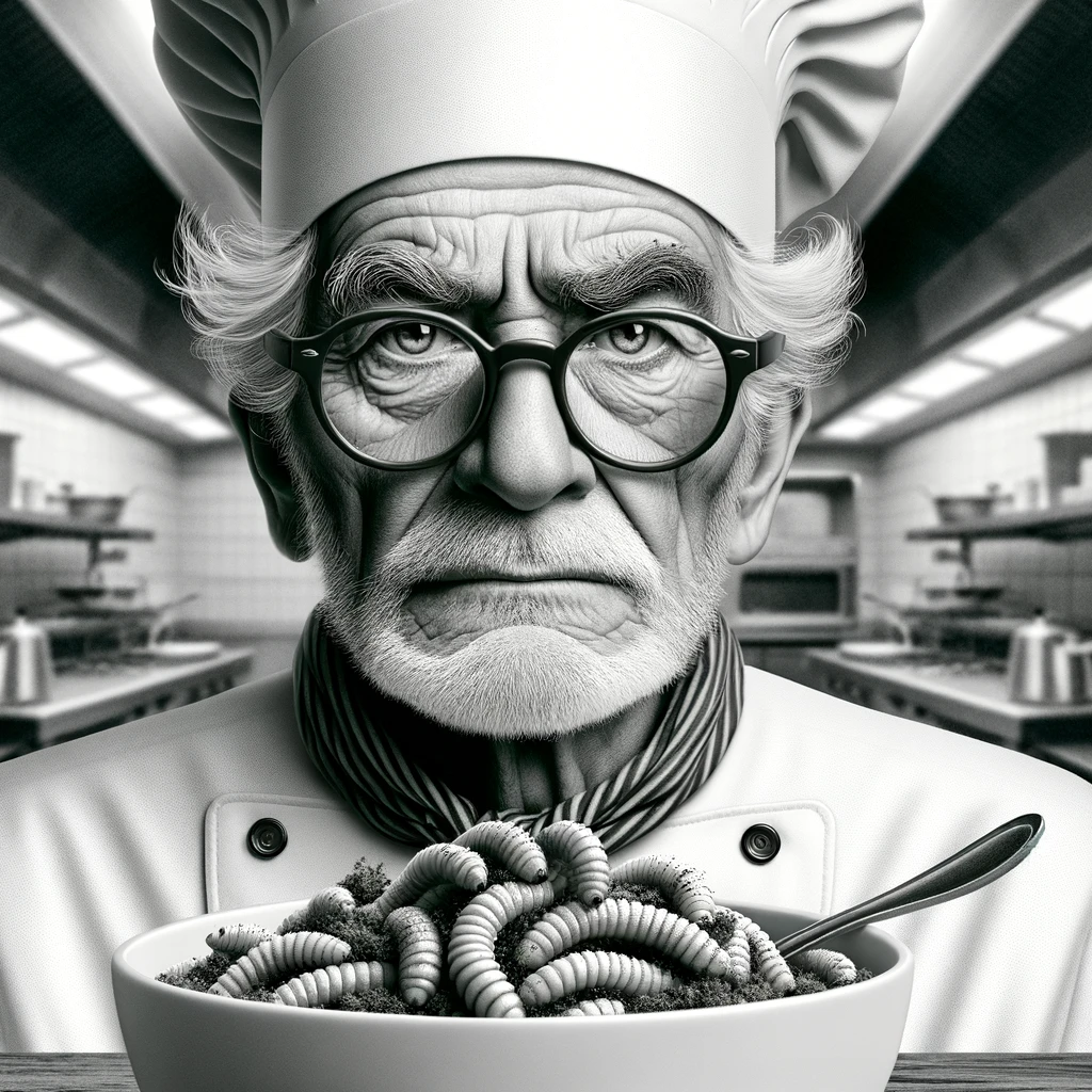 image of the elderly German chef holding a bowl of mealworm pasta, perfectly capturing the essence of culinary adventure with a humorous twist on bug-based dishes.