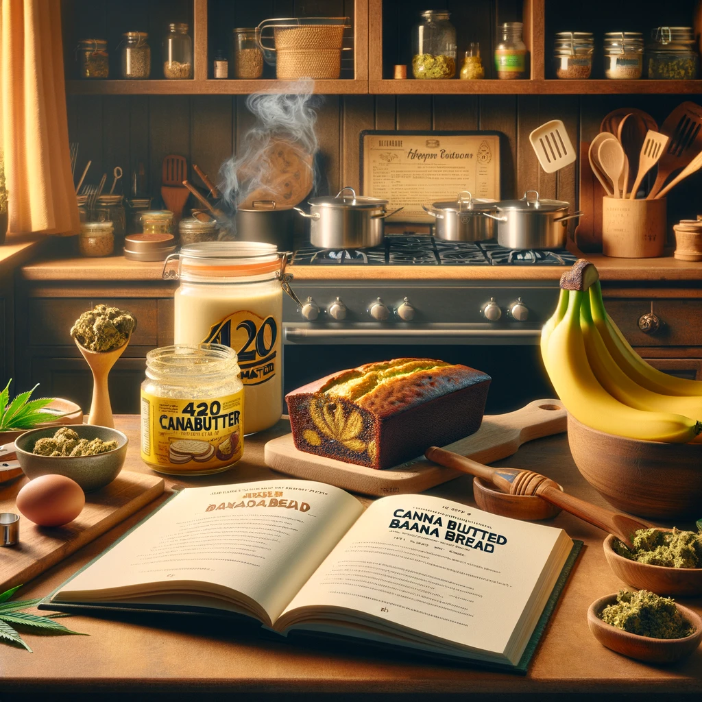  a cozy kitchen scene, focusing on the preparation of cannabis-infused banana bread, with a digital screen displaying the recipe and ingredients like Cannabutter and a cannabis leaf on the counter. This scene reflects the homely and innovative approach to cannabis-infused cooking.



