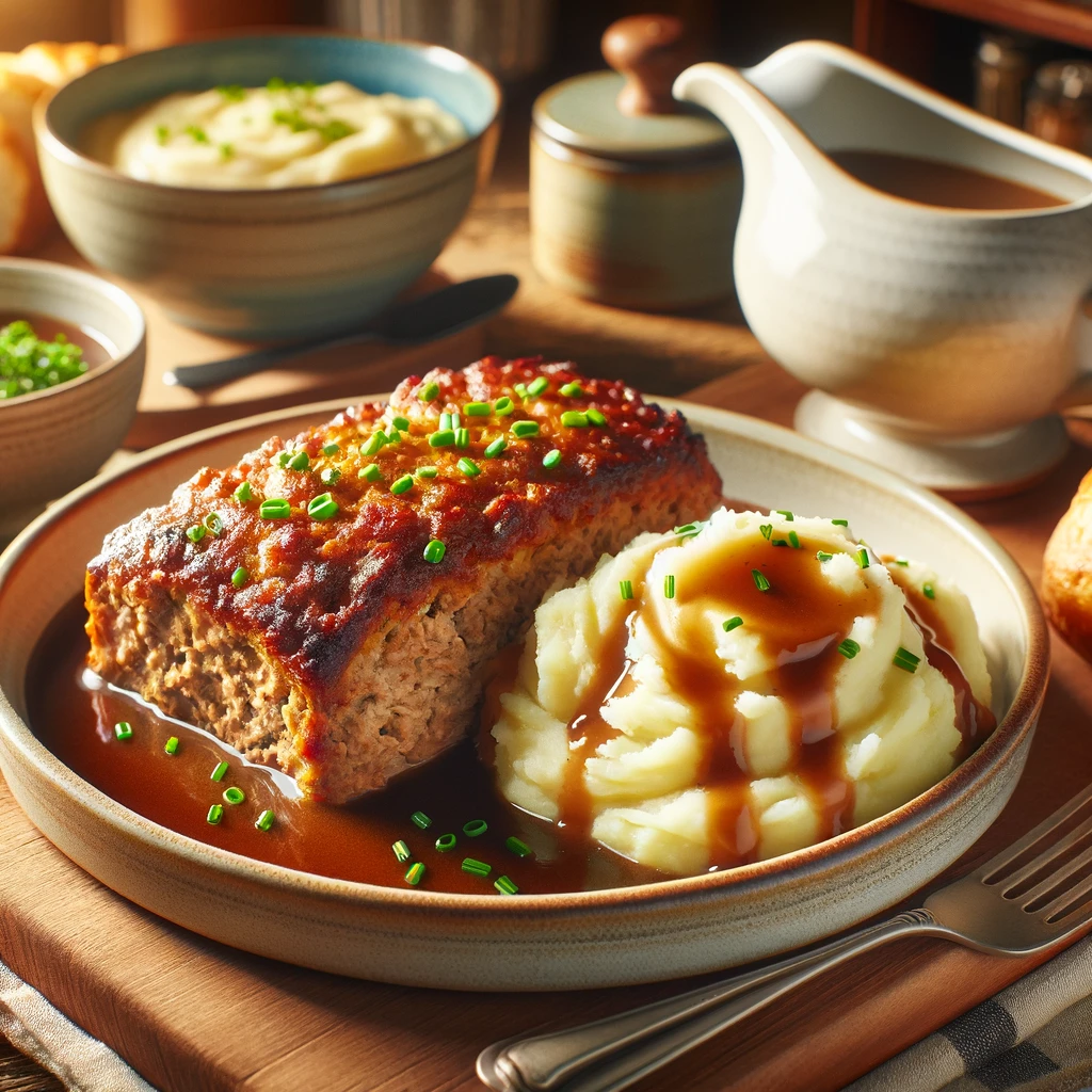 A cozy and inviting dinner setting featuring a golden-brown meatloaf on a platter, surrounded by a bowl of creamy mashed potatoes garnished with chives, and a gravy boat filled with rich, thick gravy. The table is set in a warm, homely kitchen, embodying the essence of comfort food.