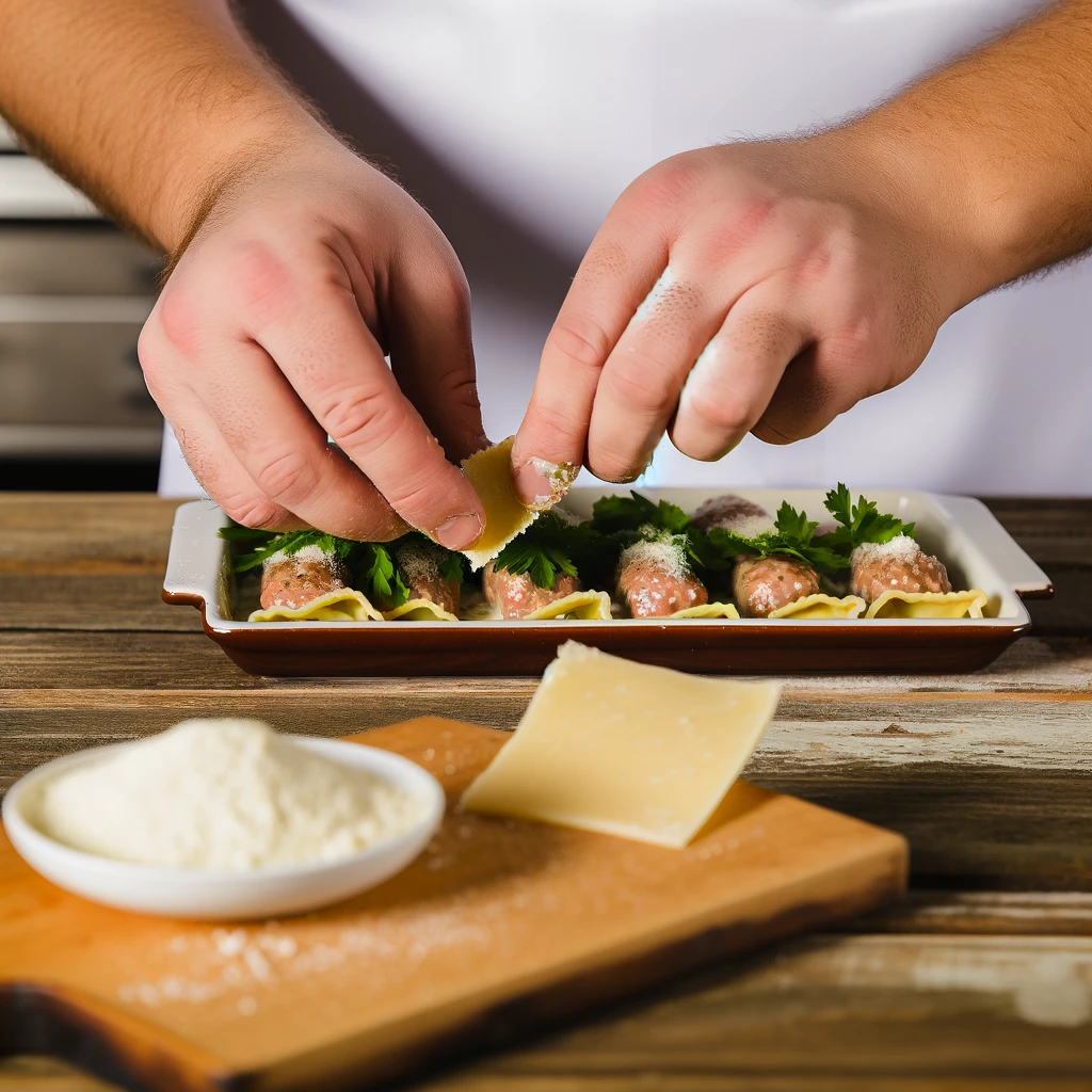 A chef's hands delicately garnish a freshly baked Sausage Manicotti with parsley and grated Parmesan, against a rustic wooden table backdrop. The image evokes a sense of warmth and authenticity, inviting readers to dive into the art of cooking Italian cuisine at home.