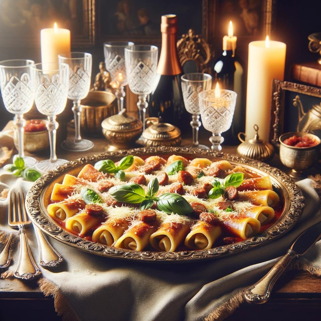 An elegant dinner setting with a platter of Sausage Manicotti garnished with fresh basil and Parmesan, surrounded by crystal glasses, a bottle of red wine, and candles, offering a warm and inviting dining ambiance.