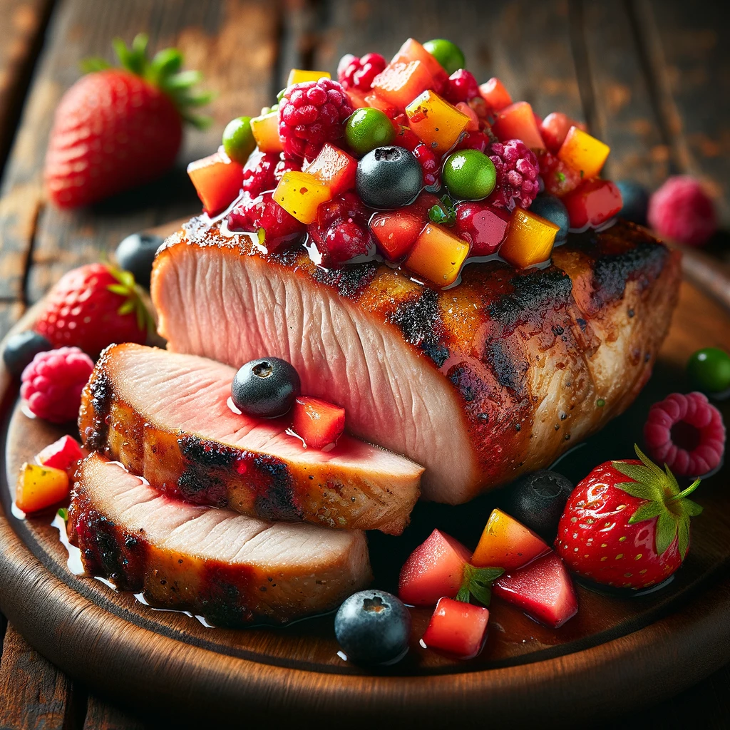 Pork Tenderloin with 3 Berry Salsa. It showcases a juicy, perfectly cooked pork tenderloin slice topped with vibrant, colorful 3 Berry Salsa on a rustic wooden table, adding a warm and home-cooked feel to the visual presentation of your recipe.