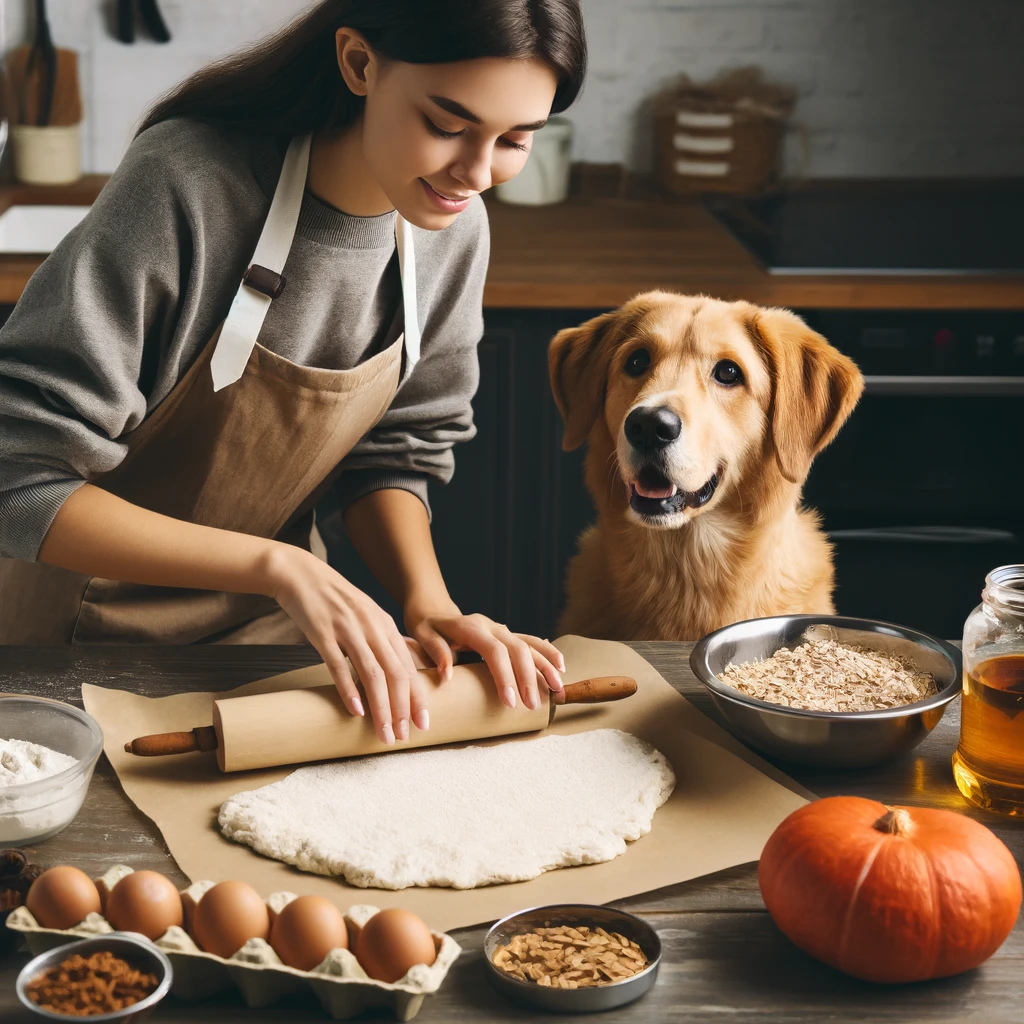 A cozy kitchen setting with a pet owner and their dog baking together. The owner is rolling out dough and cutting it into shapes, while the dog watches eagerly. The kitchen counter displays ingredients like oat flour, canned pumpkin, and natural peanut butter.