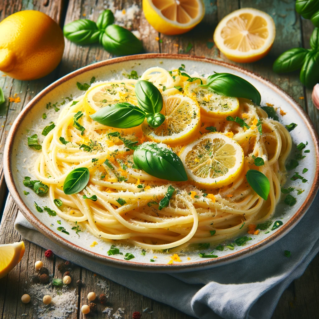 A vibrant image of a plate of creamy Spaghetti Carbonara, garnished with lemon zest and fresh green herbs like parsley and basil, served on a rustic wooden table. The scene includes a sprinkle of extra Parmesan and a soft-focus background that enhances the appeal of the meal.