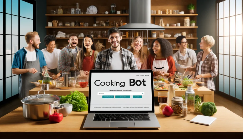 A banner depicting a diverse group of people in a modern kitchen, joyfully cooking together. The kitchen features contemporary appliances and a large table with fresh ingredients. A laptop displaying the CookingBot.com homepage is visible, symbolizing the site's rebranding from CookingBot.ai. The scene conveys a lively and inviting atmosphere, emphasizing CookingBot as a helpful culinary companion.