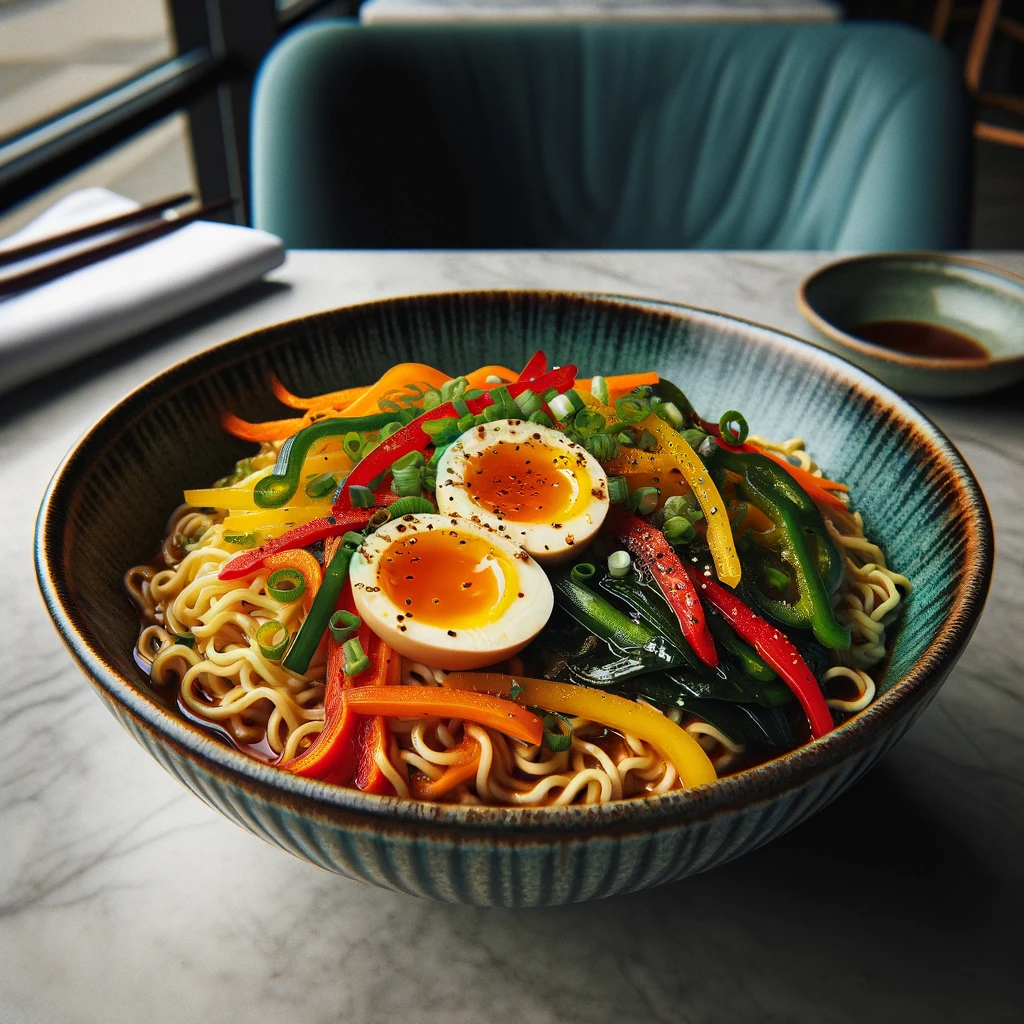 A gourmet bowl of ramen is the centerpiece, brimming with vivid veggies and two soft-boiled eggs atop glistening noodles, capturing the essence of an elevated budget-friendly meal.