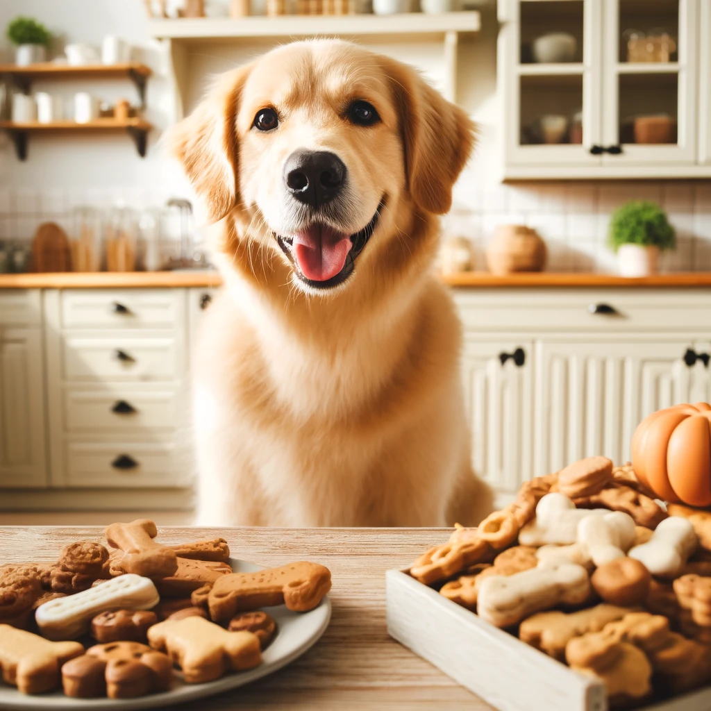 This image depicts a fluffy golden retriever sitting contentedly in a sunny kitchen, surrounded by various homemade dog treats displayed on the counter. The dog appears happy, wagging its tail, with a setting that includes light wooden cabinets and a bright window, creating a warm and welcoming atmosphere.