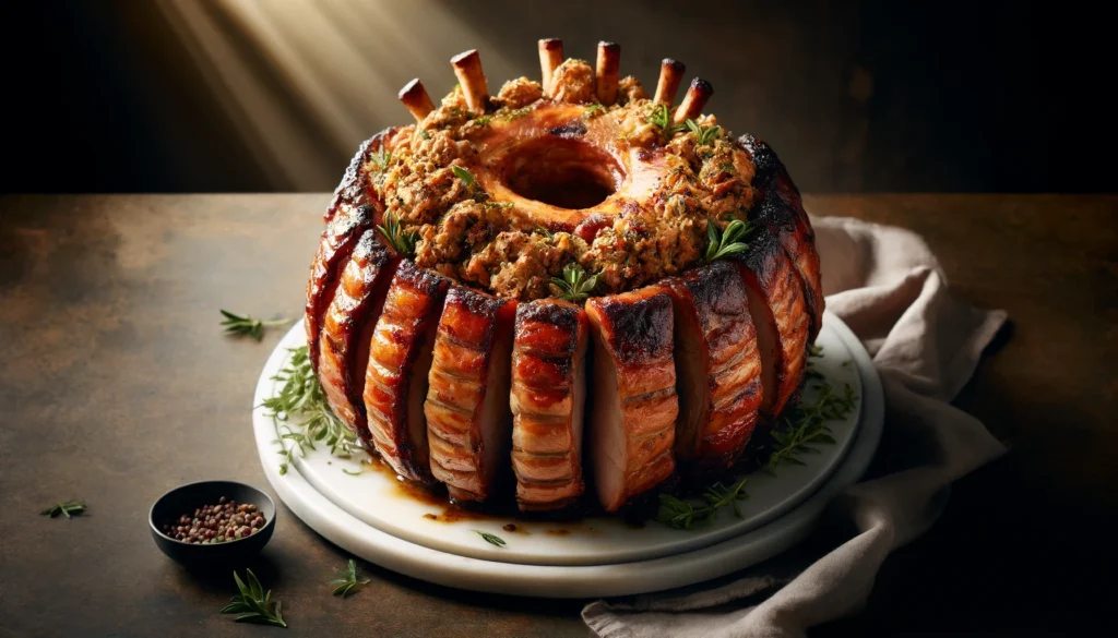 A Crown Roast of Pork with a golden crust and tall ribs encircles a generous mushroom dressing, presented on a white platter against a softly lit background, emphasizing the dish's rich textures and colors.