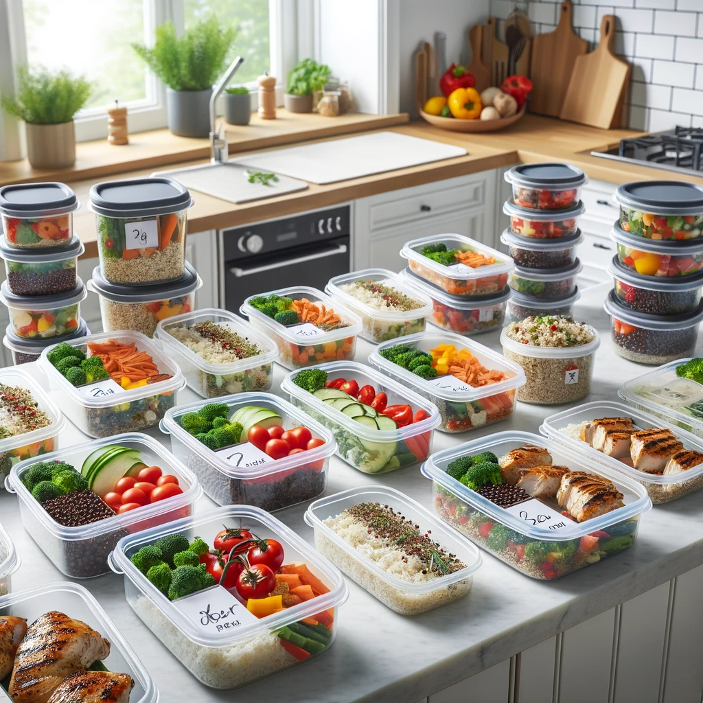 Well-organized kitchen scene showcasing meal prepping with containers filled with grilled chicken, roasted vegetables, quinoa, and chopped fruits, neatly arranged on a clean kitchen counter.